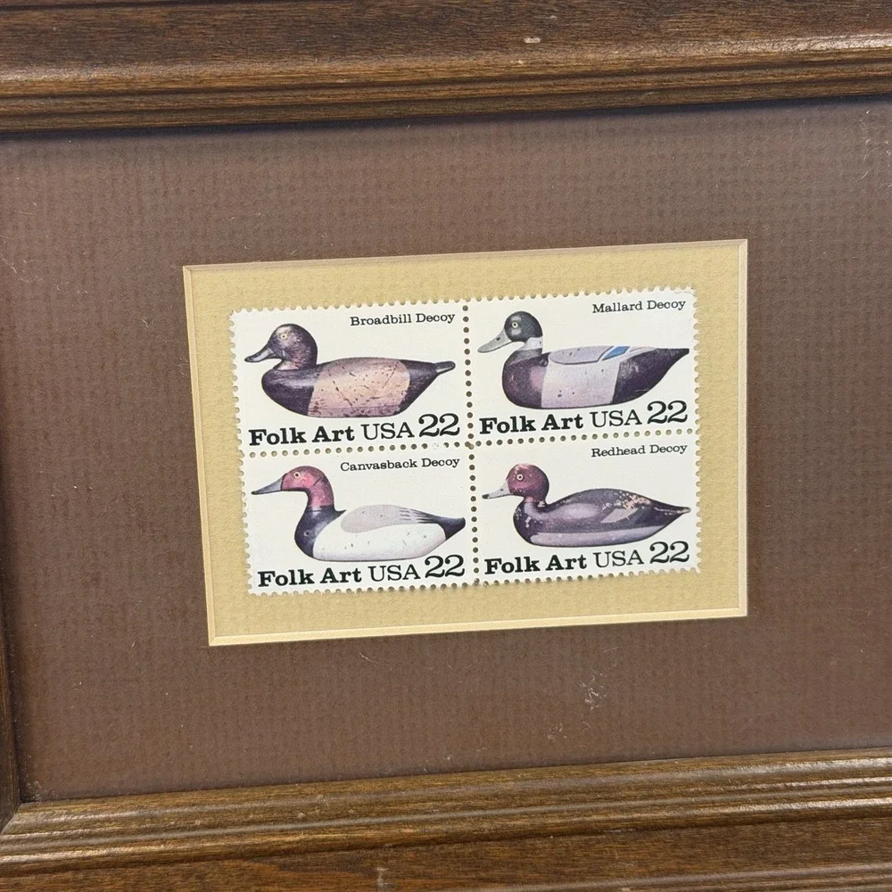 Framed VTG 1985 Folk Art USA 22¢ Duck Decoy Stamps Block of 4 Rustic Decor Set